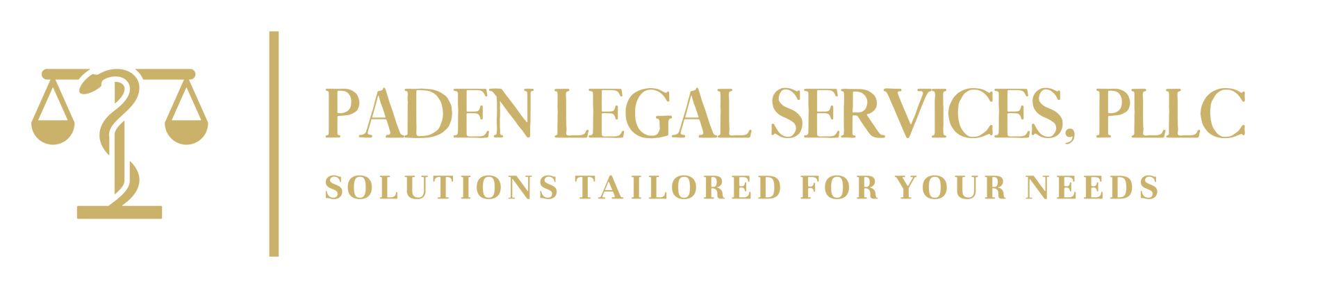 Logo for Paden Legal Services. Features a scale icon, vertical line, and text.