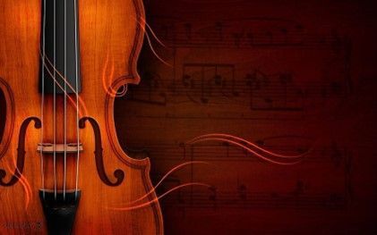 A violin is sitting on a red background with music notes