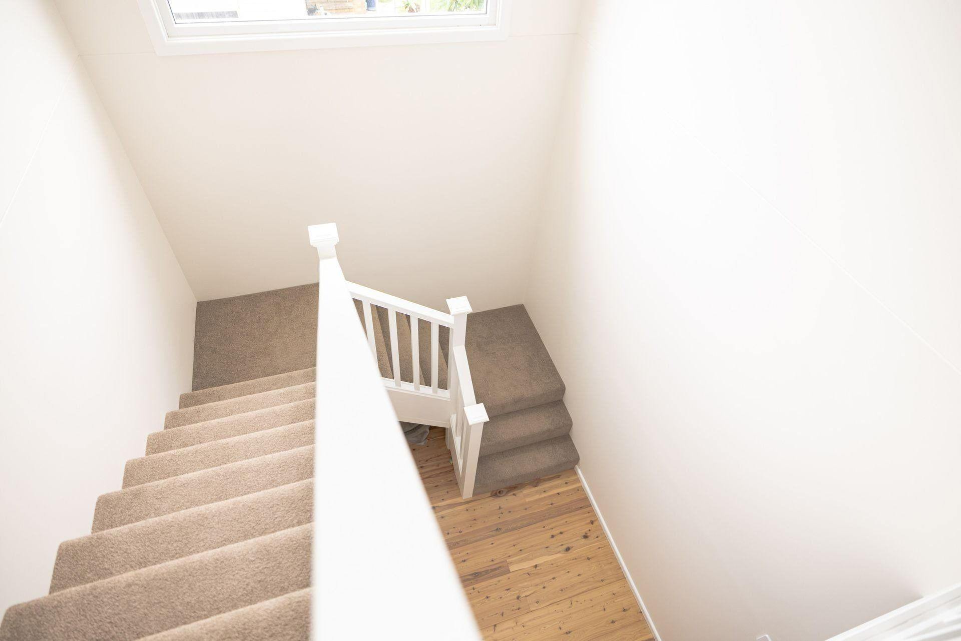 A Staircase with A White Railing and Carpeted Steps in A House — Blue Horizon Projects in North Avoca, NSW
