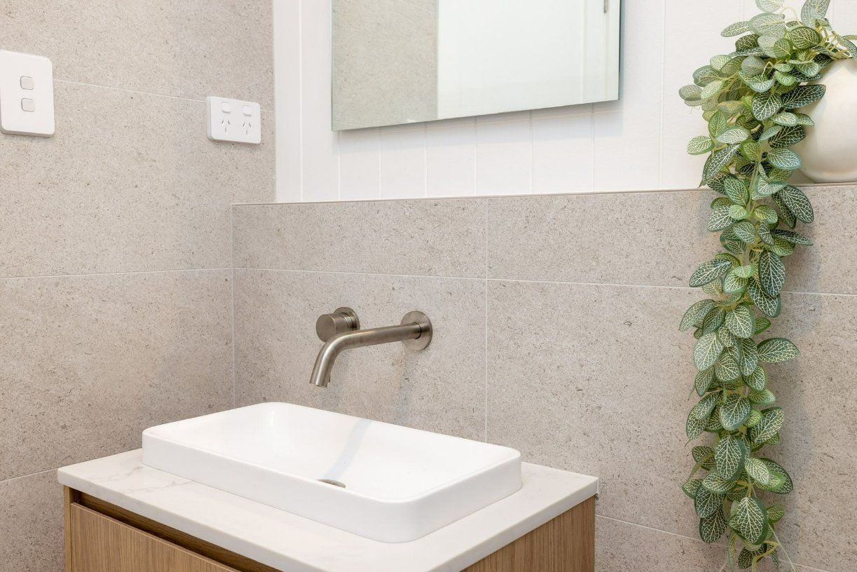 A Bathroom with A Sink, Mirror, and Plant — Blue Horizon Projects in Tumbi Umbi, NSW