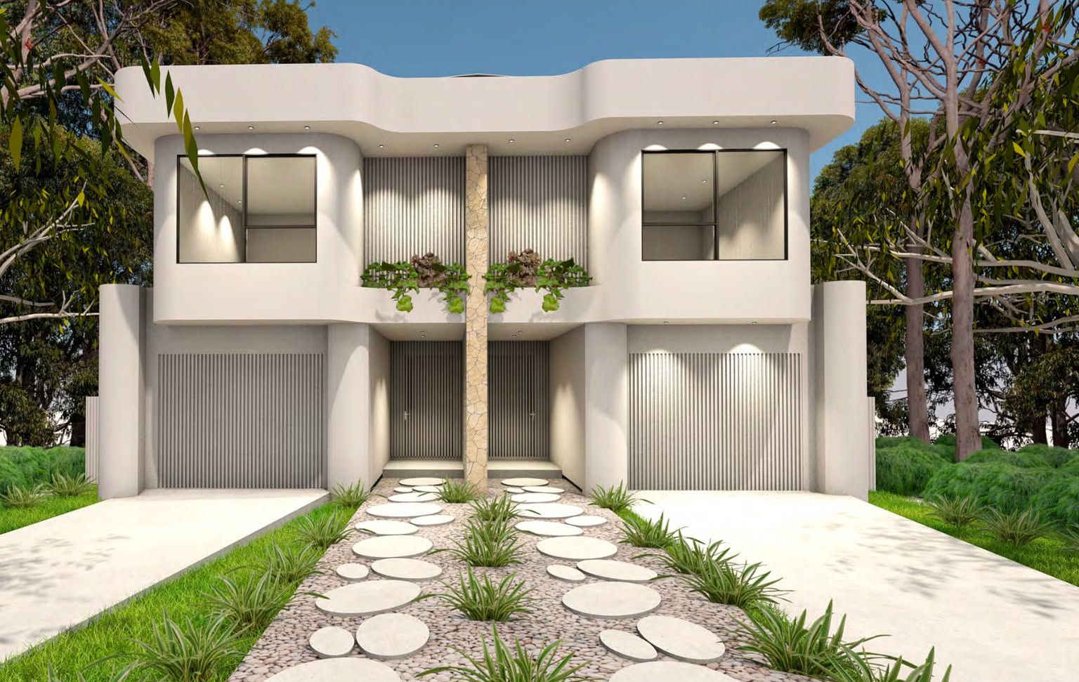 Modern White Two-story House With Large Windows, Driveway — Blue Horizon Projects in Berkeley Vale, NSW