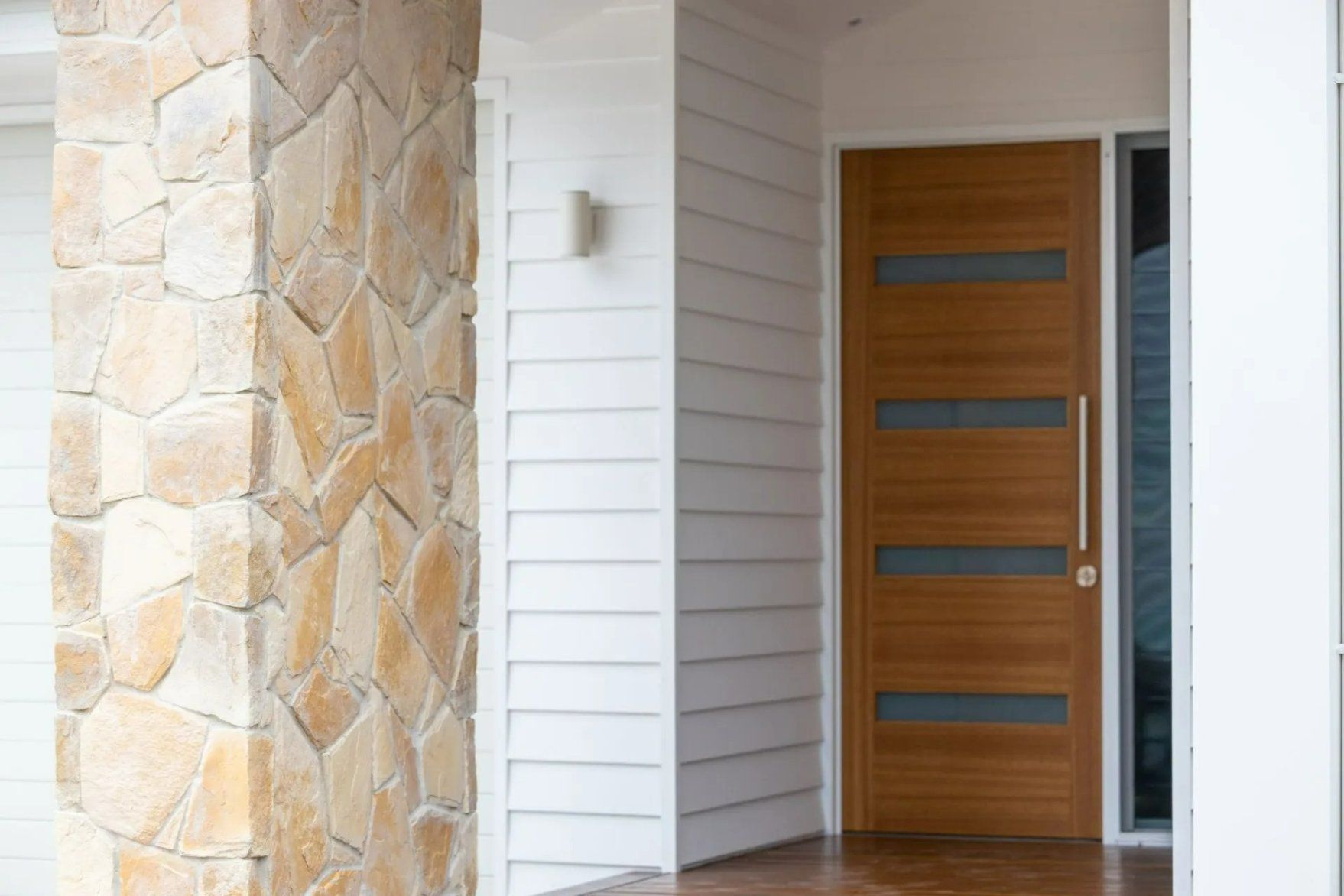 Front Entrance With A Wooden Door, Stone Column — Blue Horizon Projects in Berkeley Vale, NSW