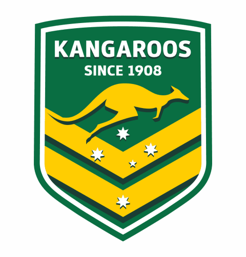 Green and gold Australian Kangaroos logo: shield with kangaroo silhouette, stars, and chevron stripes.