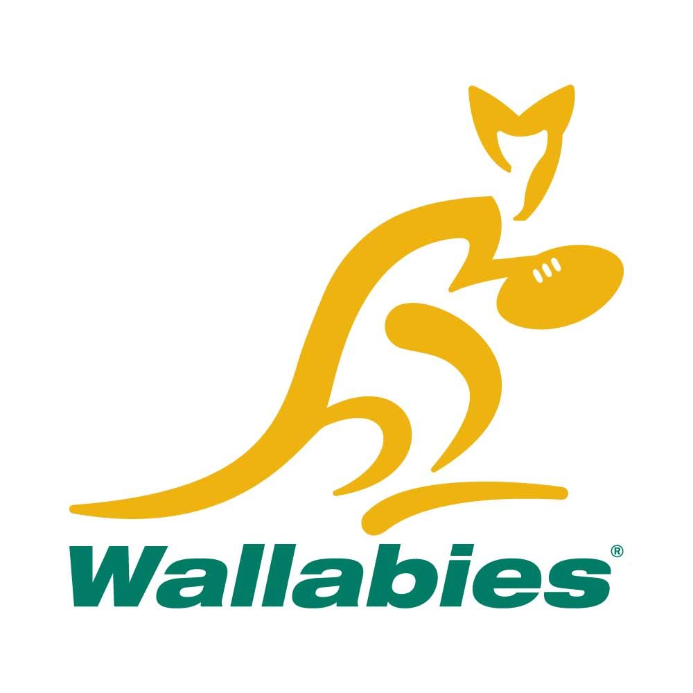 Gold kangaroo holding a rugby ball, with
