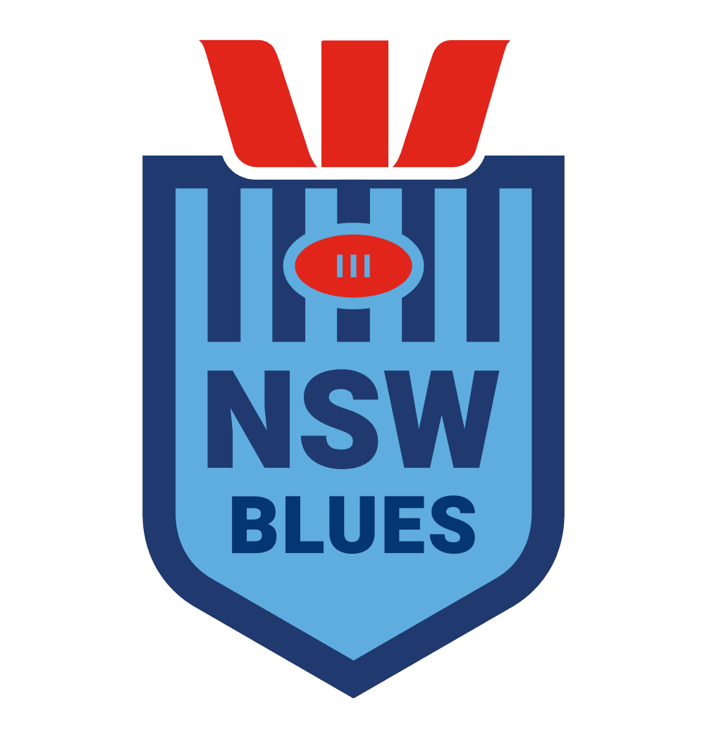 Logo for the NSW Blues rugby league team. Blue shield with vertical lines, red details, and team name.