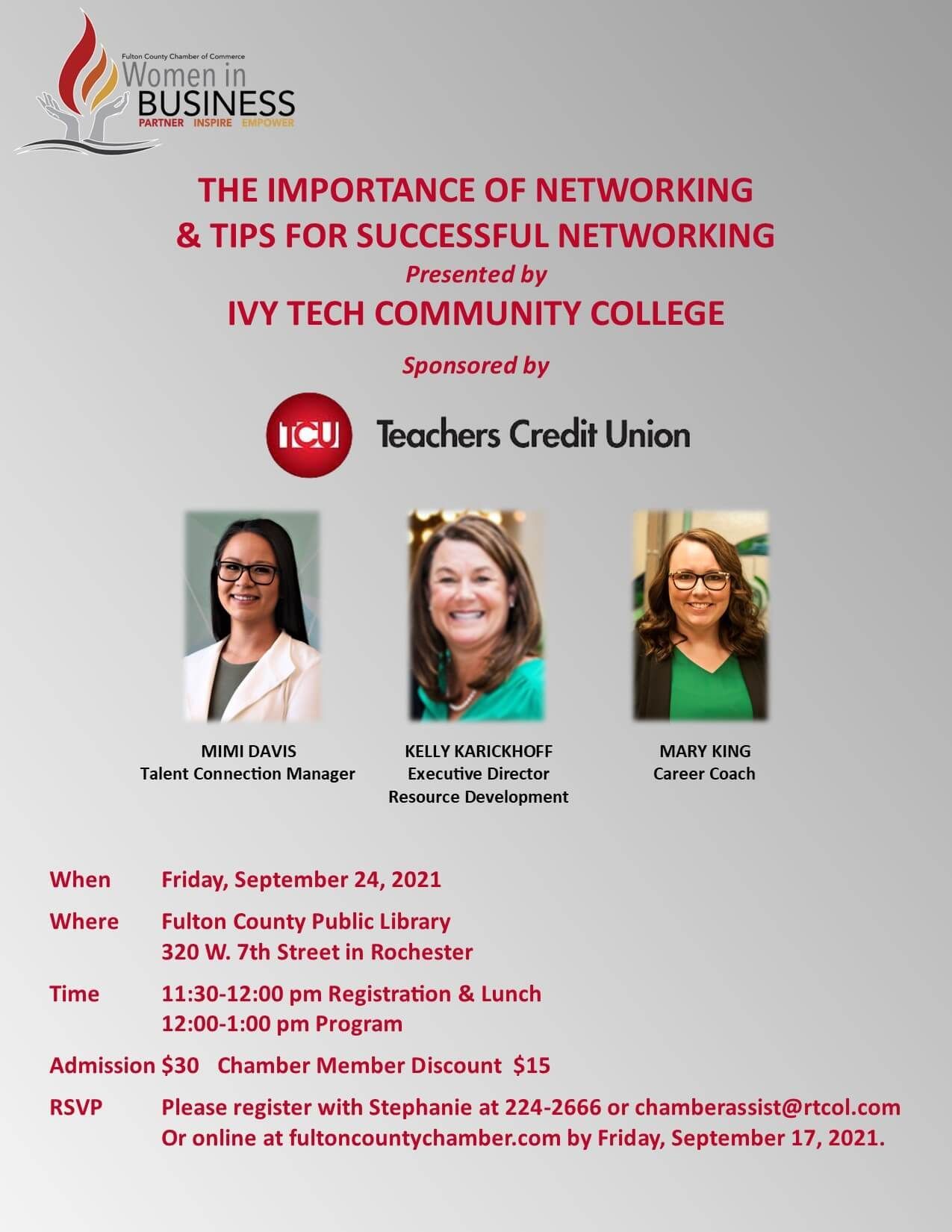 Event flyer for Women in Business: "The Importance of Networking" on Sept 24, 2021, at Fulton County Public Library.