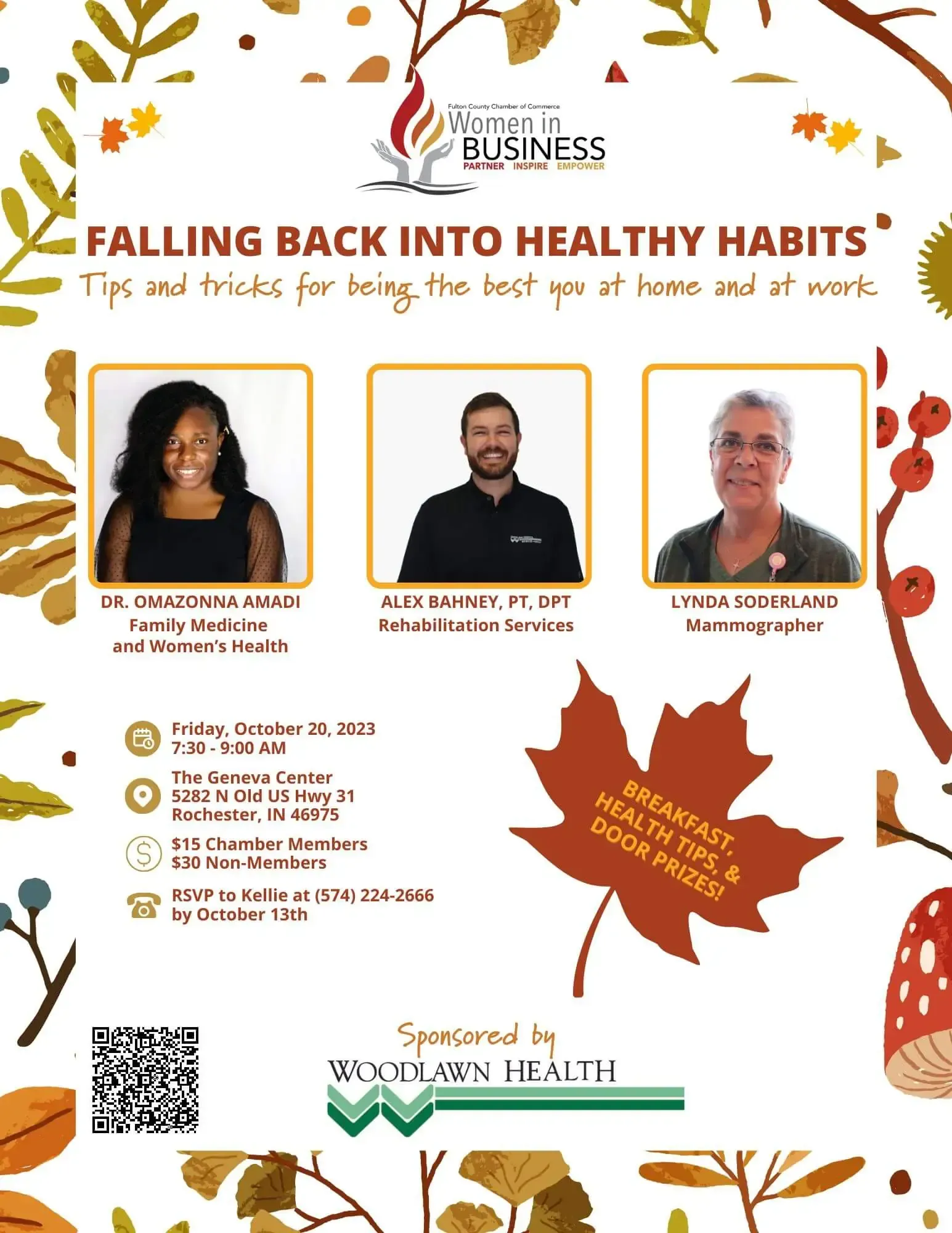 Flyer for "Falling Back Into Healthy Habits" event by Women in Business, featuring speakers, event details, and sponsors.