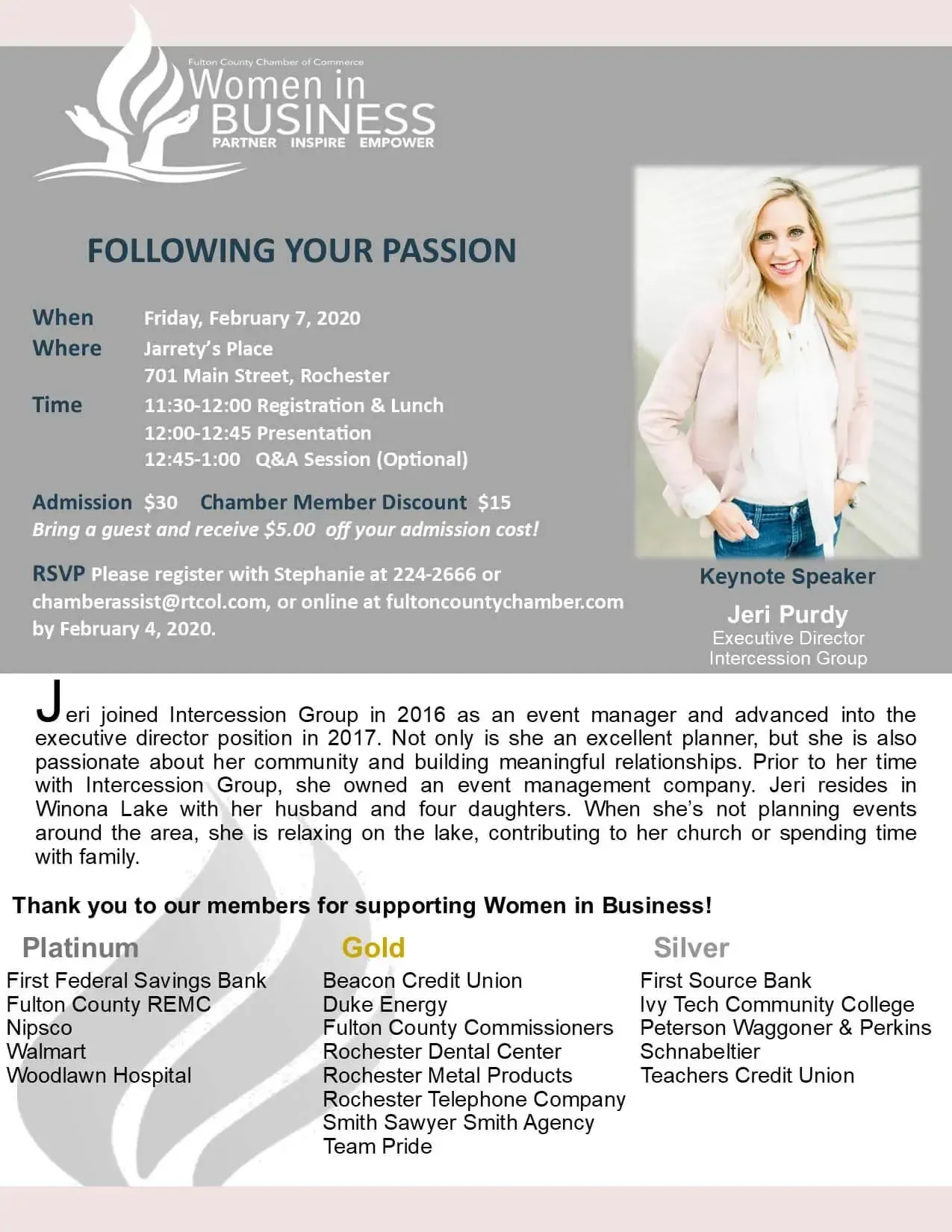 Flyer for a Women in Business event, "Following Your Passion," featuring speaker Jen Pardy on February 7, 2020.