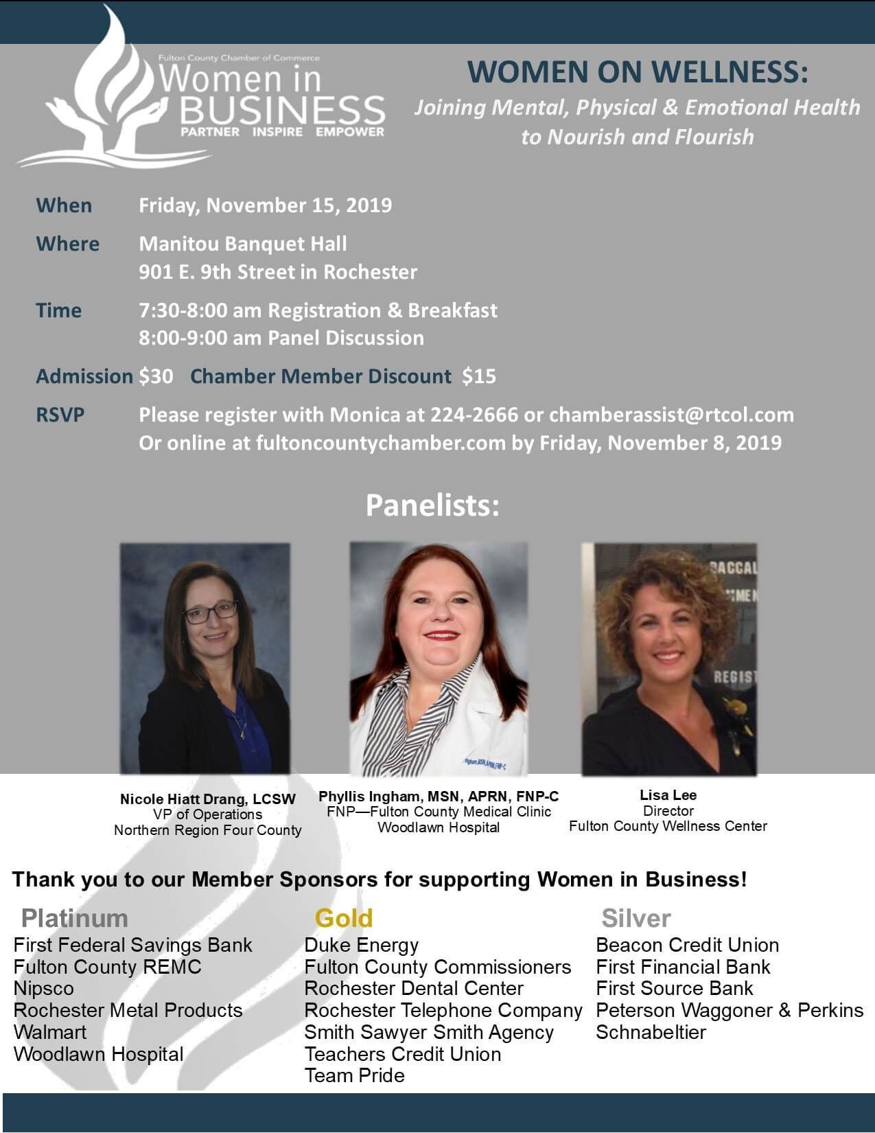 Event flyer for "Women on Wellness" featuring date, location, registration details, panelist names, and sponsor list.