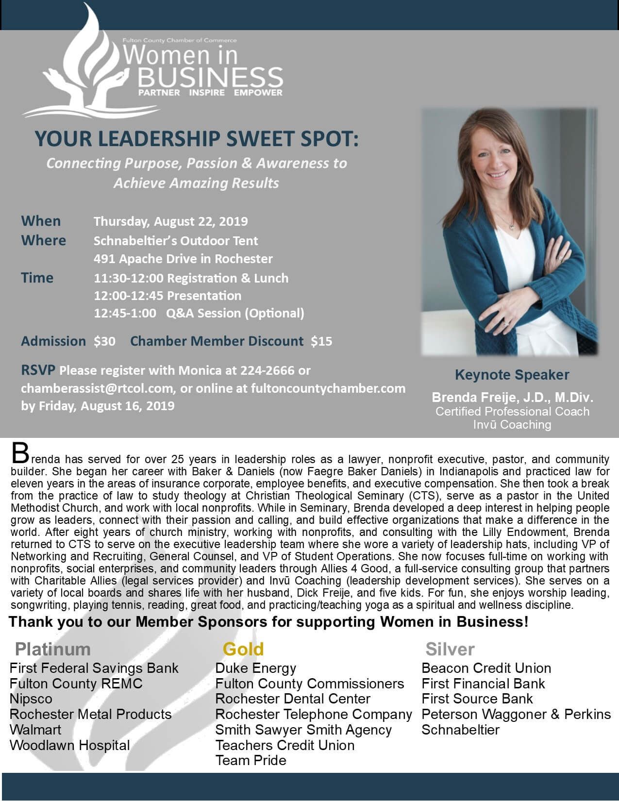 Event flyer for "Your Leadership Sweet Spot" featuring speaker Kymn Harp, date, location, and member sponsor information.