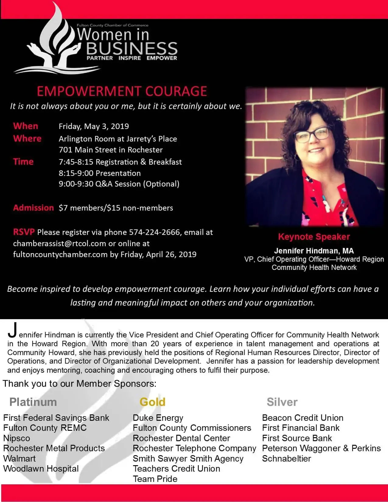 Event flyer for "Woman in Business: Empowerment Courage" featuring speaker Jennifer Hardman on May 6, 2015.