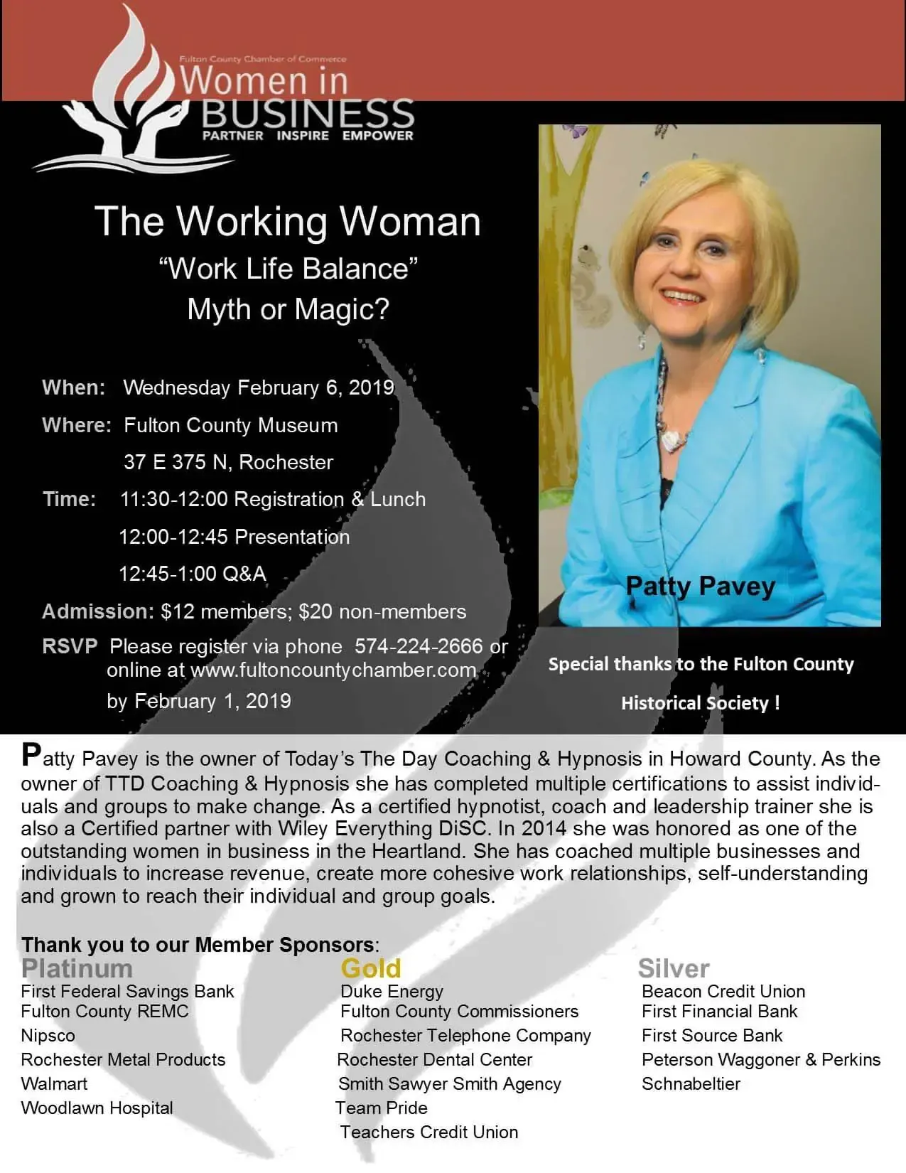 Event flyer for "The Working Woman: Work Life Balance" featuring speaker Patty Pavey on Feb 6, 2019, at Fulton County Museum.