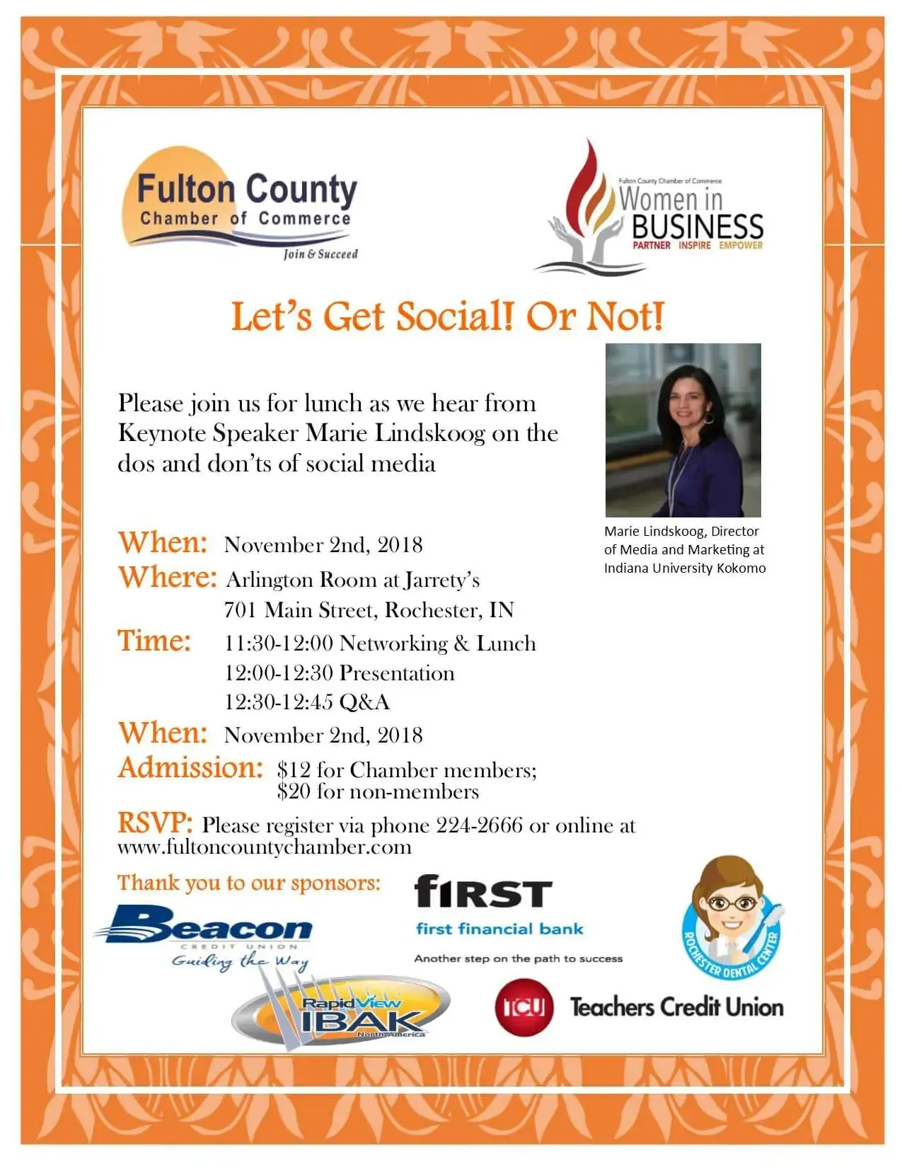 Fulton County Chamber of Commerce event flyer for a social media presentation on November 2nd at Arlington Room, Rochester, IN.