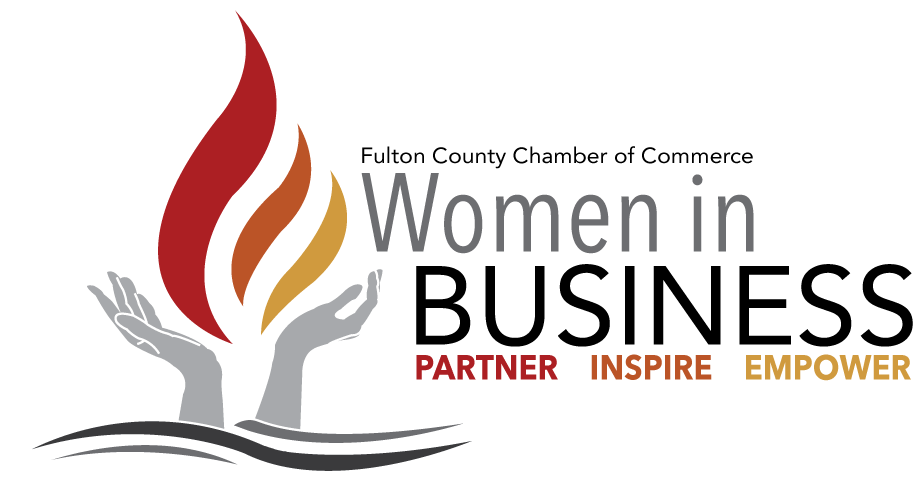Logo for Fulton County Chamber of Commerce Women in Business featuring hands holding a flame with the text Partner, Inspire, Empower.