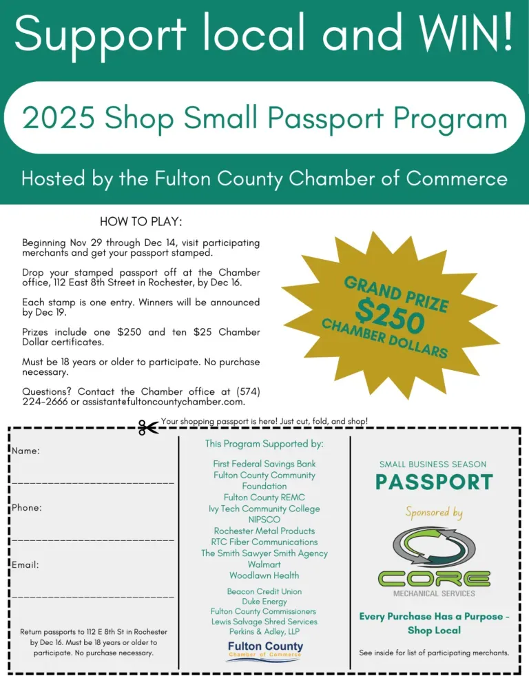 2025 Shop Small Passport Program flyer from the Fulton County Chamber of Commerce, featuring contest rules and entry form.