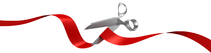 A pair of silver scissors cutting through a wavy red ribbon against a white background.