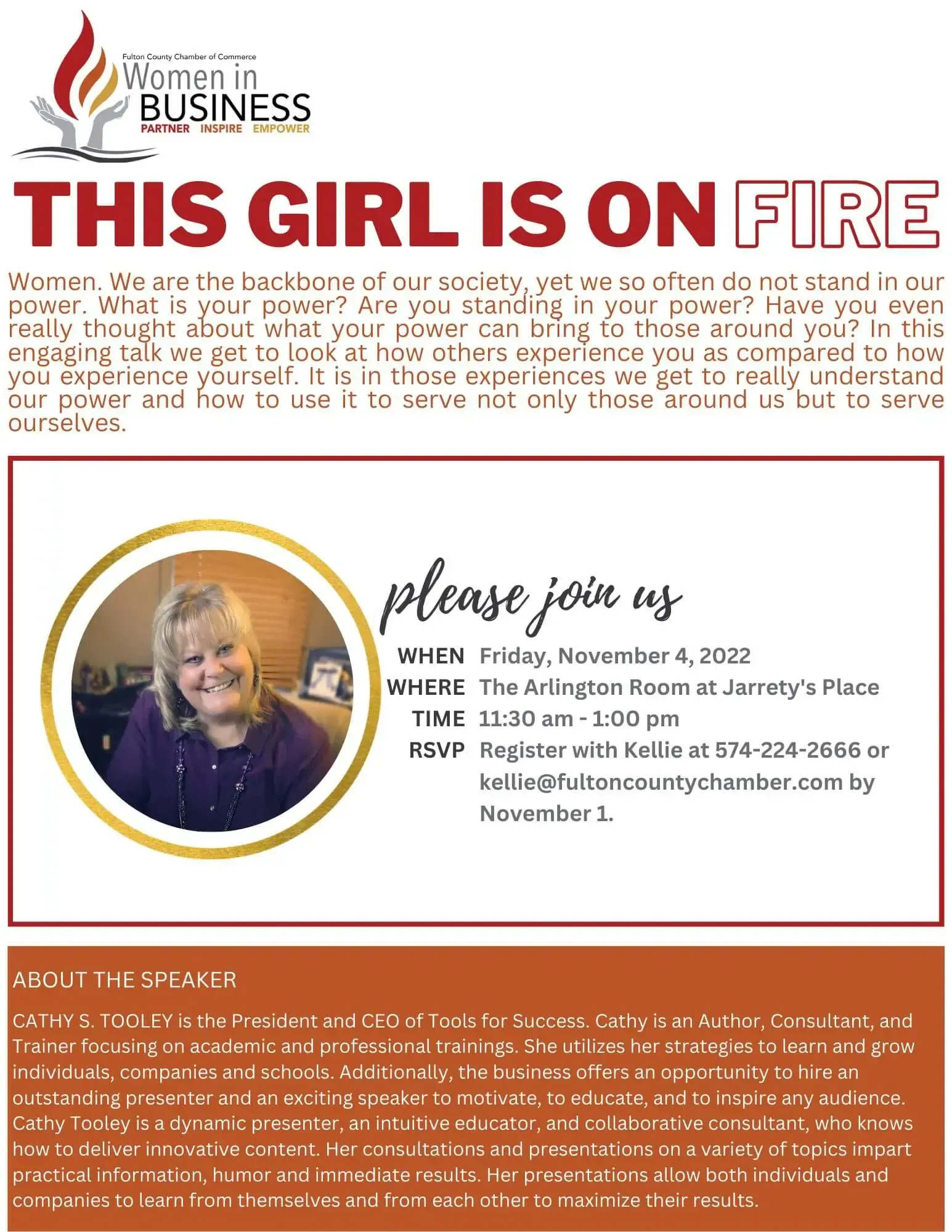 Event flyer for "This Girl is On Fire," featuring a professional speaker at Jamsy's Place on Friday, November 4, 2022.