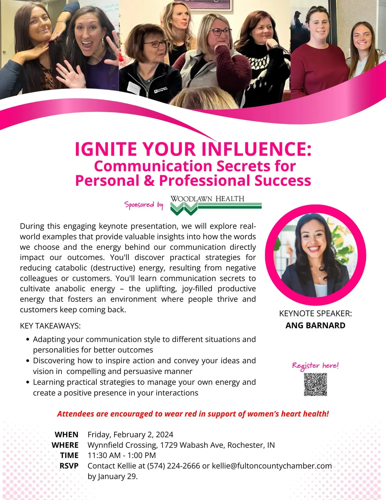 Event flyer for "Ignite Your Influence," a workshop on communication skills, on February 21, 2024, at Avonfield Cycling.