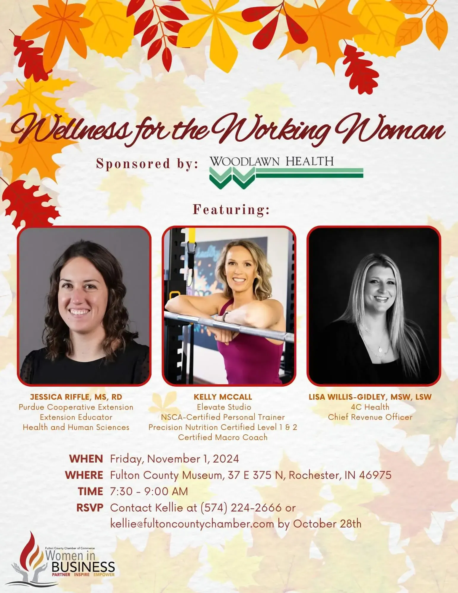 Event flyer for "Wellness for the Working Woman" featuring three speakers, occurring Nov 1, 2024, at Fulton County Museum.