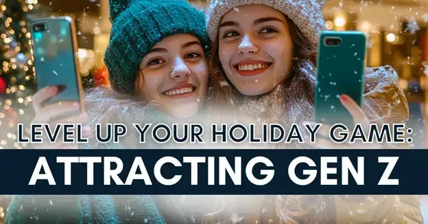 Two people holding smartphones in a snowy, festive setting with the text: 
