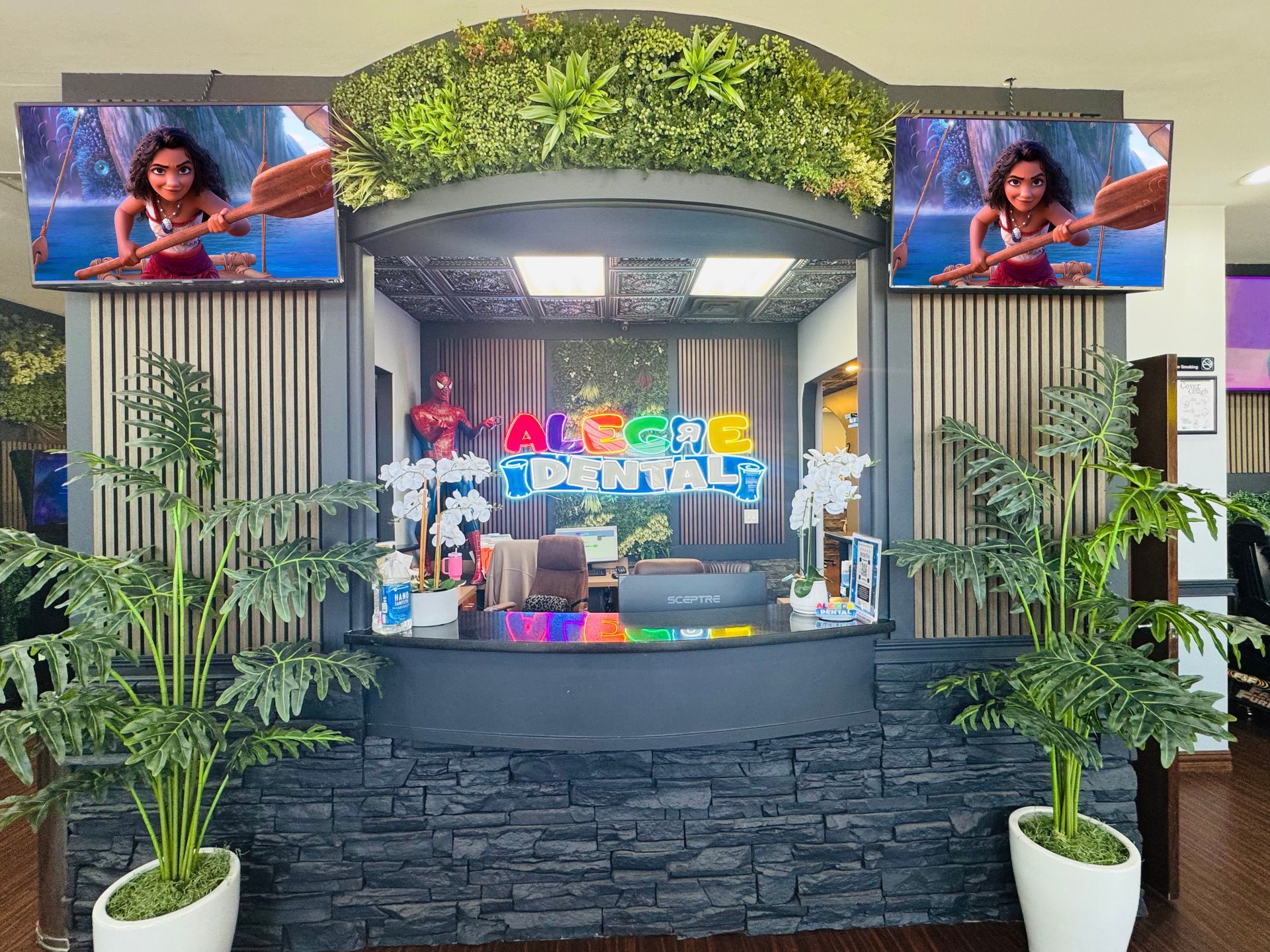 Colorful storefront counter with potted plants and two wall-mounted screens showing a child in a red shirt