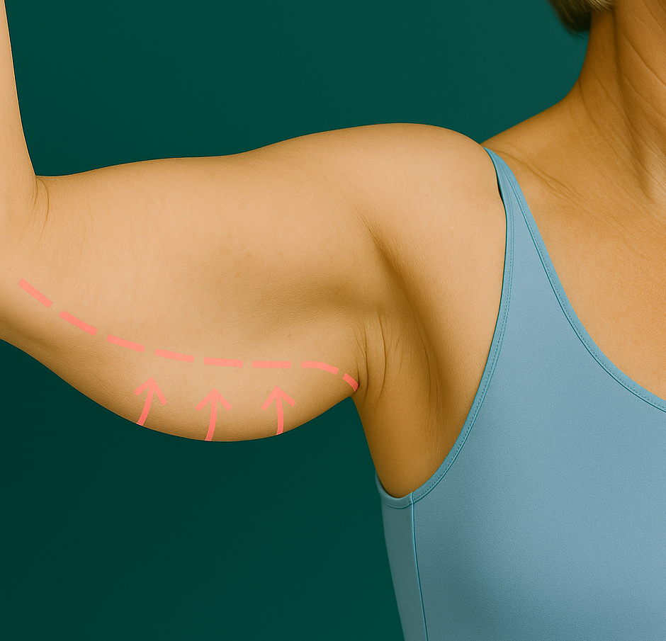 Arm of a person with dotted lines and arrows indicating areas for cosmetic arm lift.