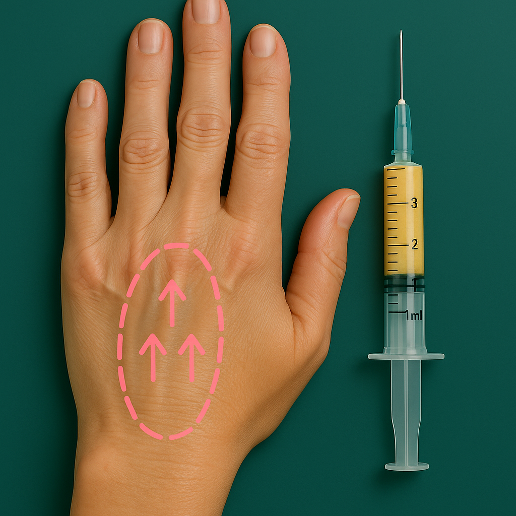 Hand with highlighted veins, syringe filled with yellow liquid, likely for injection.