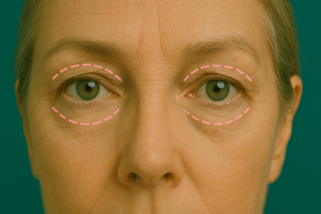 Close-up of a person's eyes with pink dashed lines indicating areas for potential cosmetic surgery.