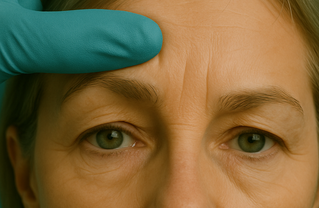 Close-up of a person's forehead with wrinkles, and a gloved hand touching the skin.