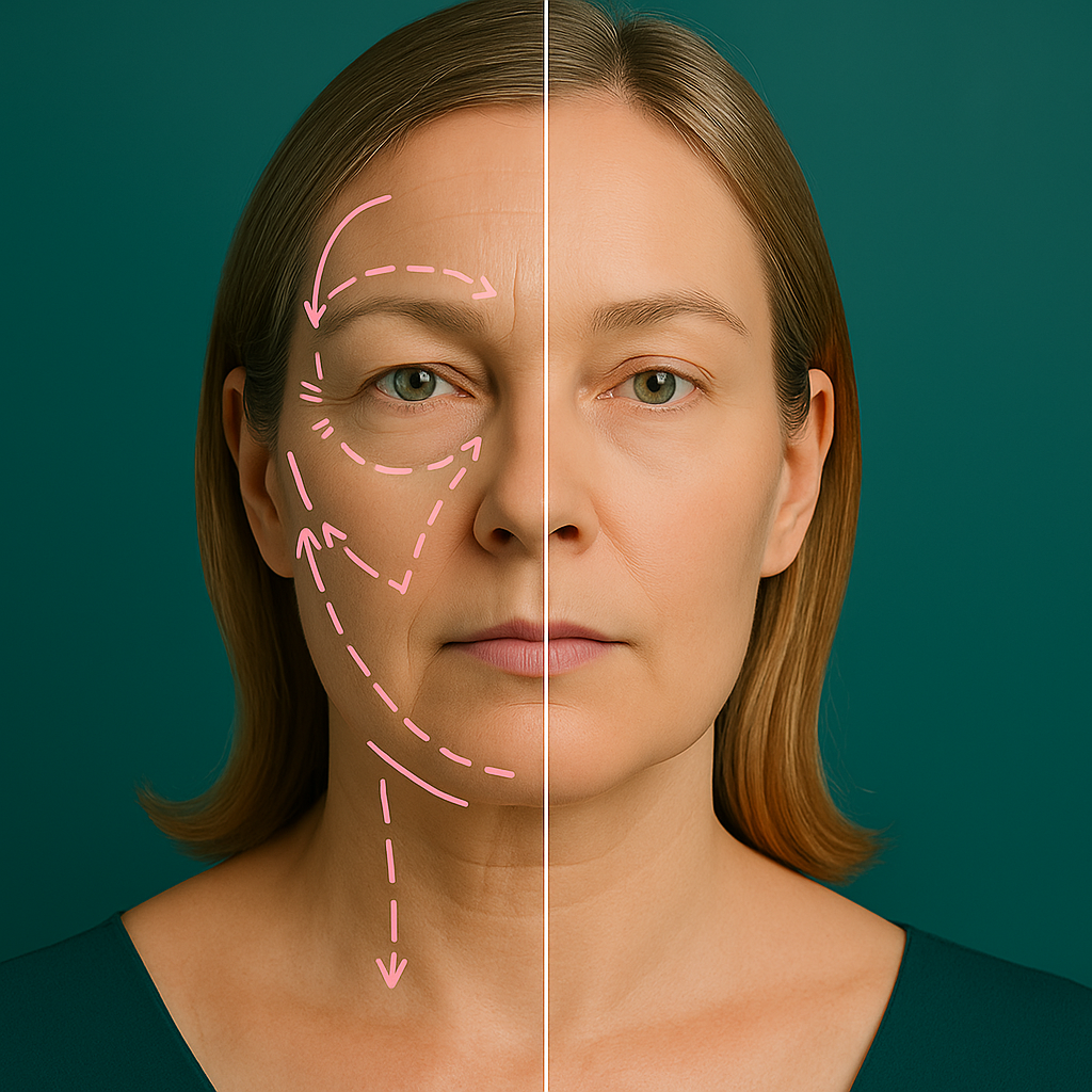 Comparison of woman's face showing wrinkles on one side with drawn arrows indicating lifting. Green background.