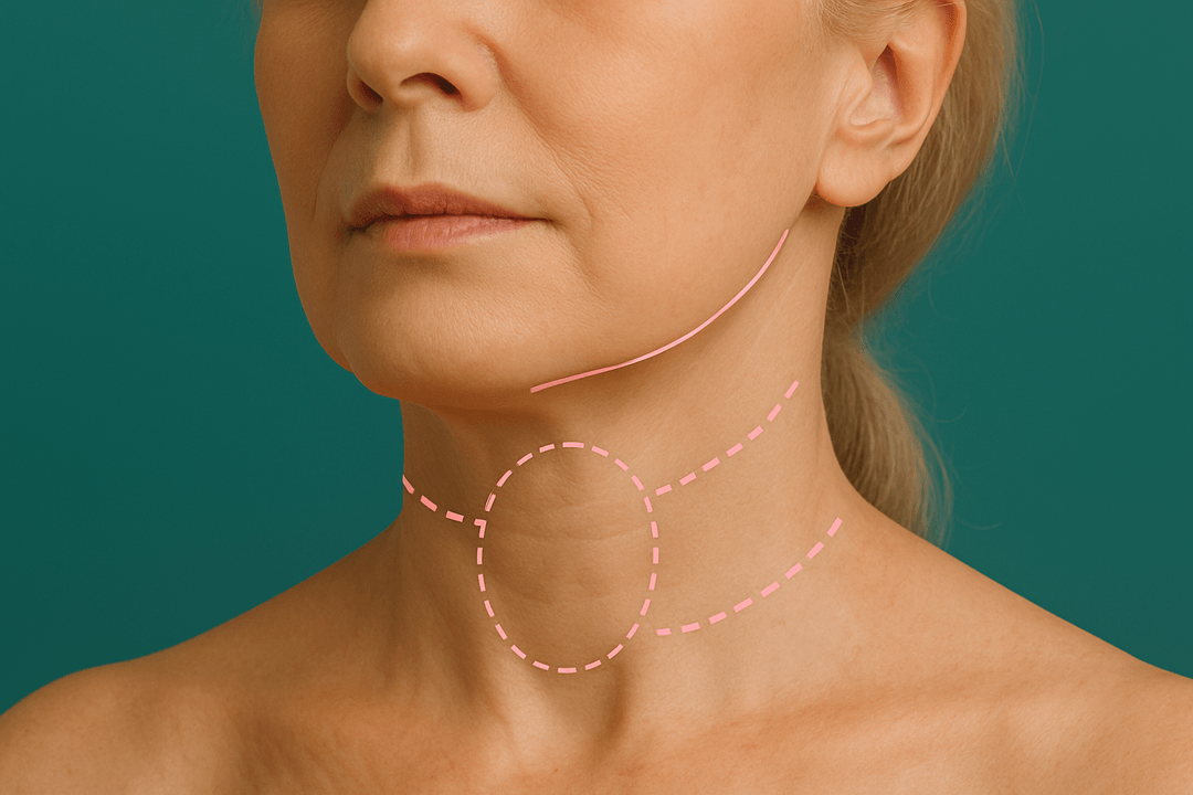 Woman's neck with surgical markings for a procedure; teal background.