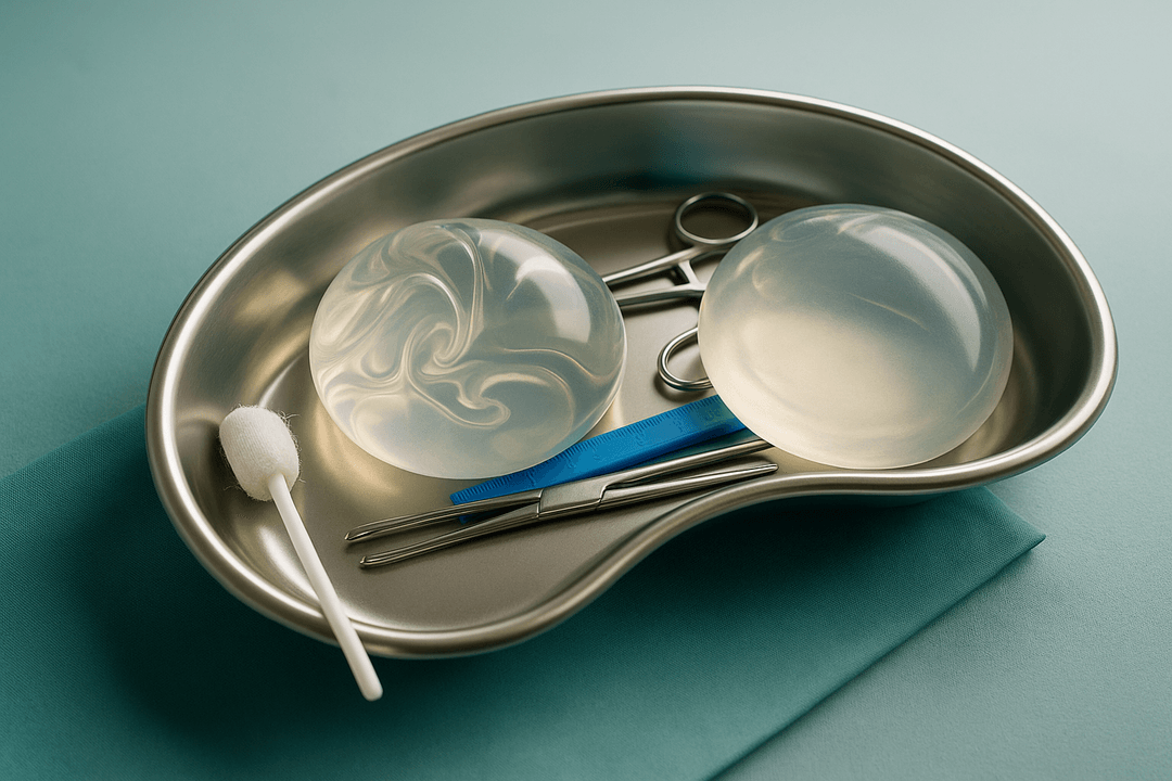 Silicone breast implants in a surgical tray with instruments.