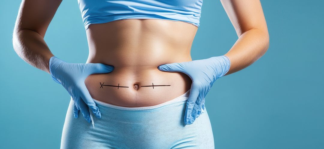A person's abdomen with a surgical marking. Hands in blue gloves are placed on the sides.