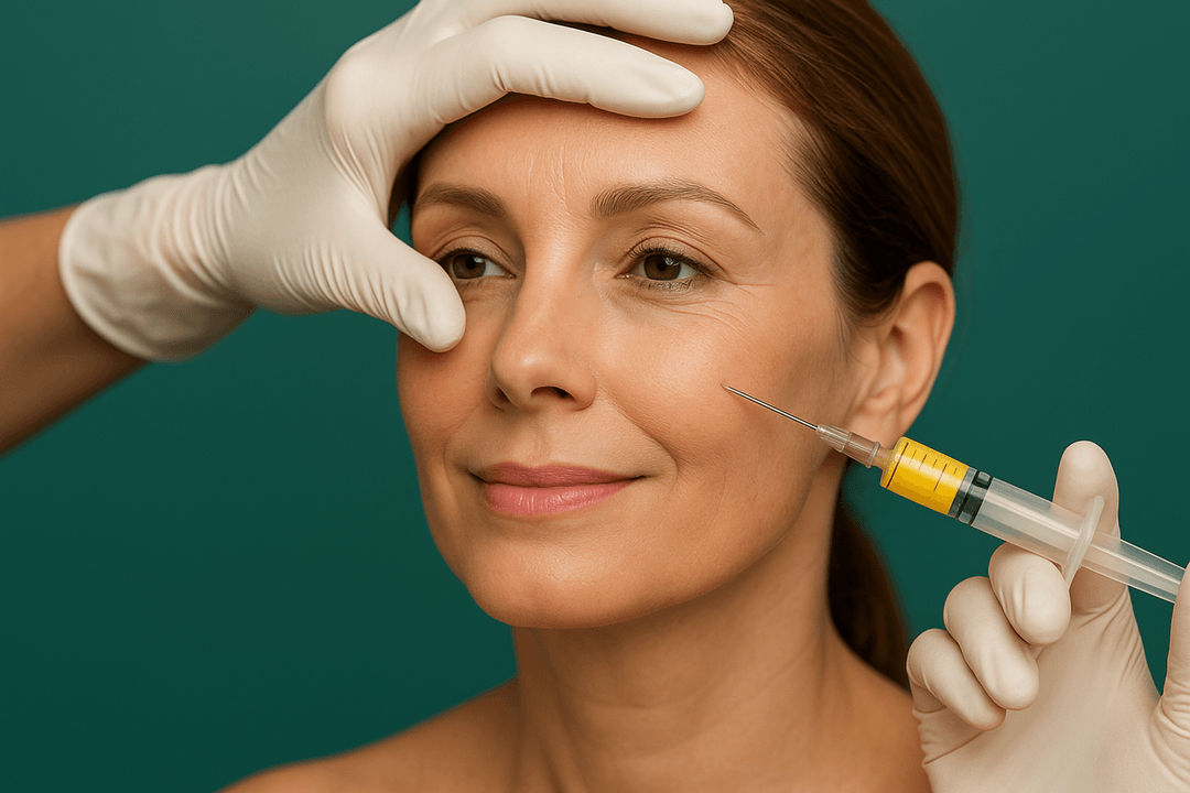Woman receiving facial injection with needle, hands wearing gloves.