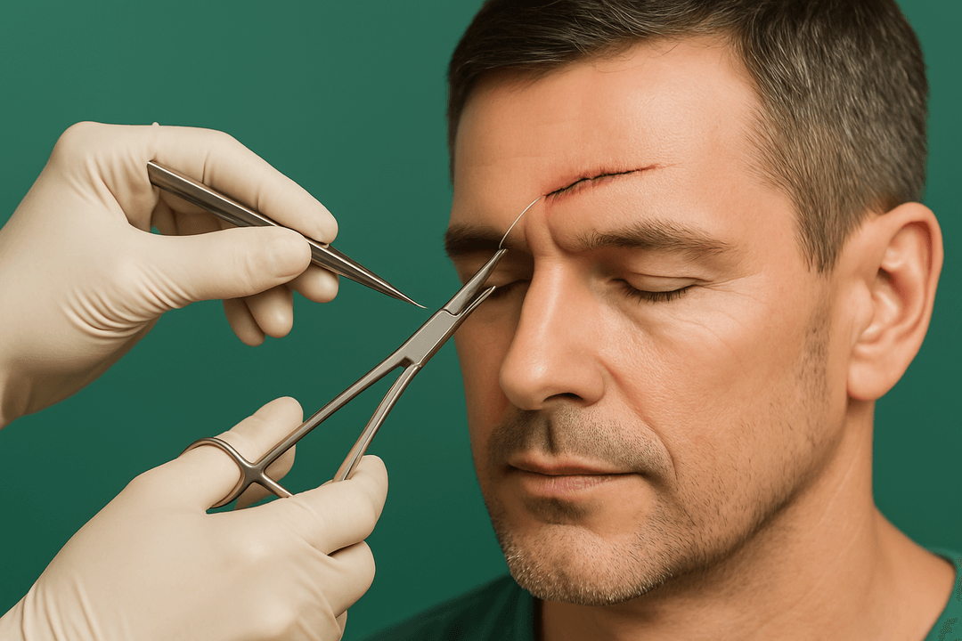 Man with closed eyes, eyebrow laceration, being attended to with medical scissors and tweezers.