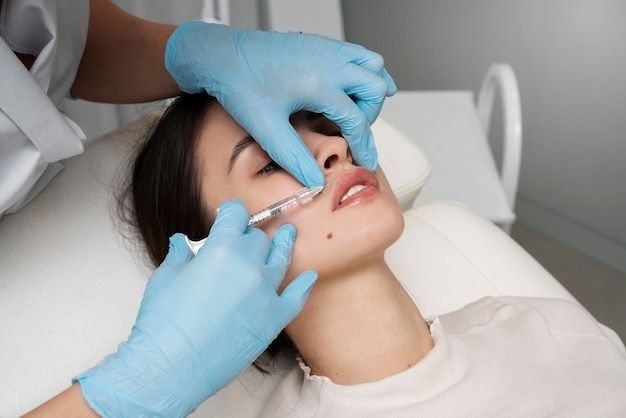 Person receiving lip filler injections. Blue-gloved hands hold a syringe near her mouth in a clinic setting.