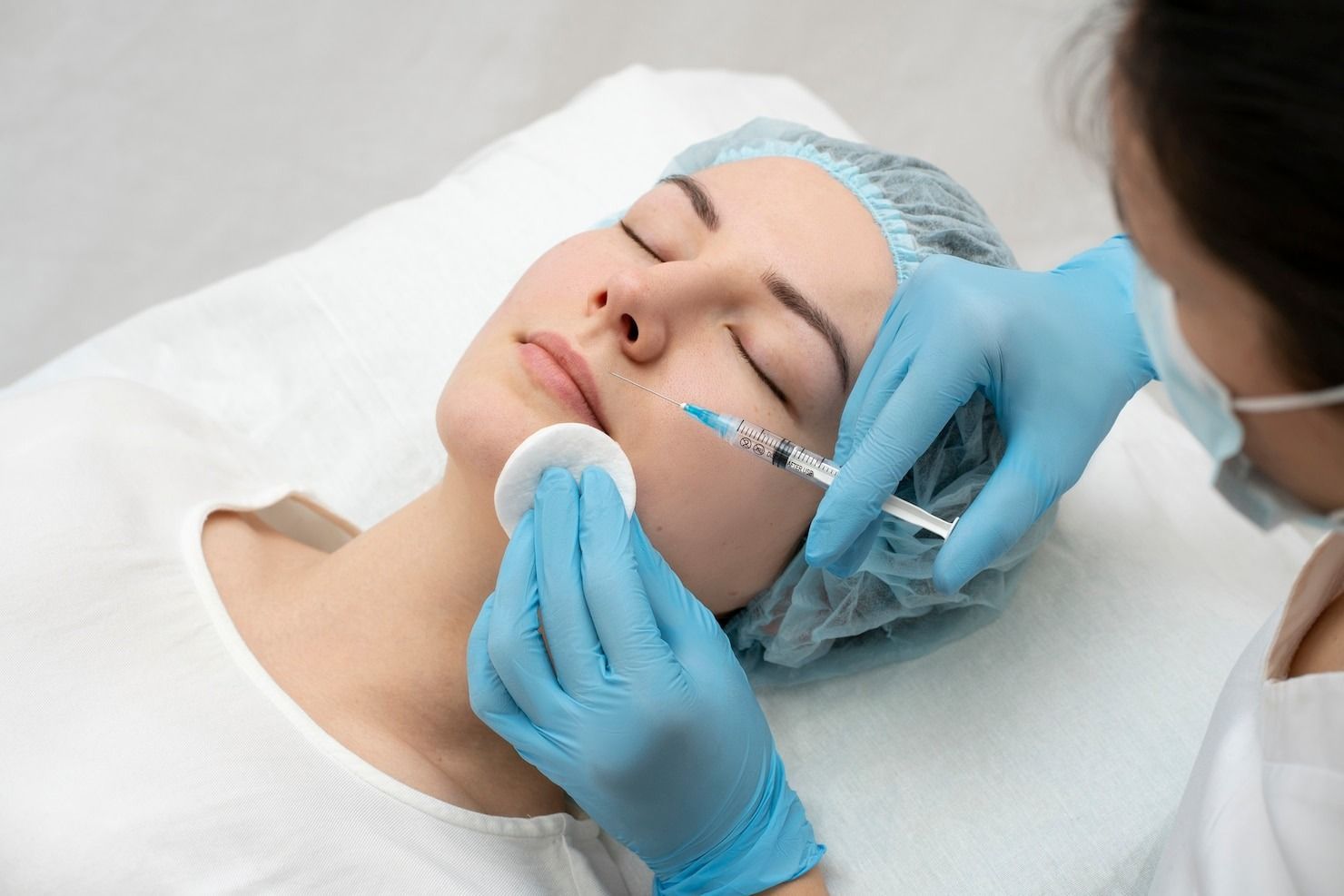 Person receiving facial injection in a medical setting.
