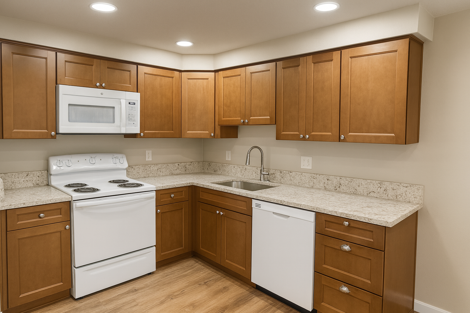 Kitchen with white appliances, light brown cabinets, and speckled countertops.