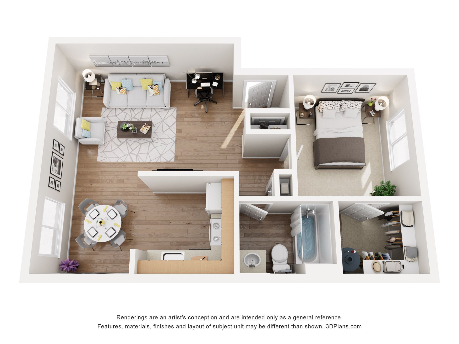 Floor plan for a 2-bedroom, 1-bath apartment; 830 sq ft.
