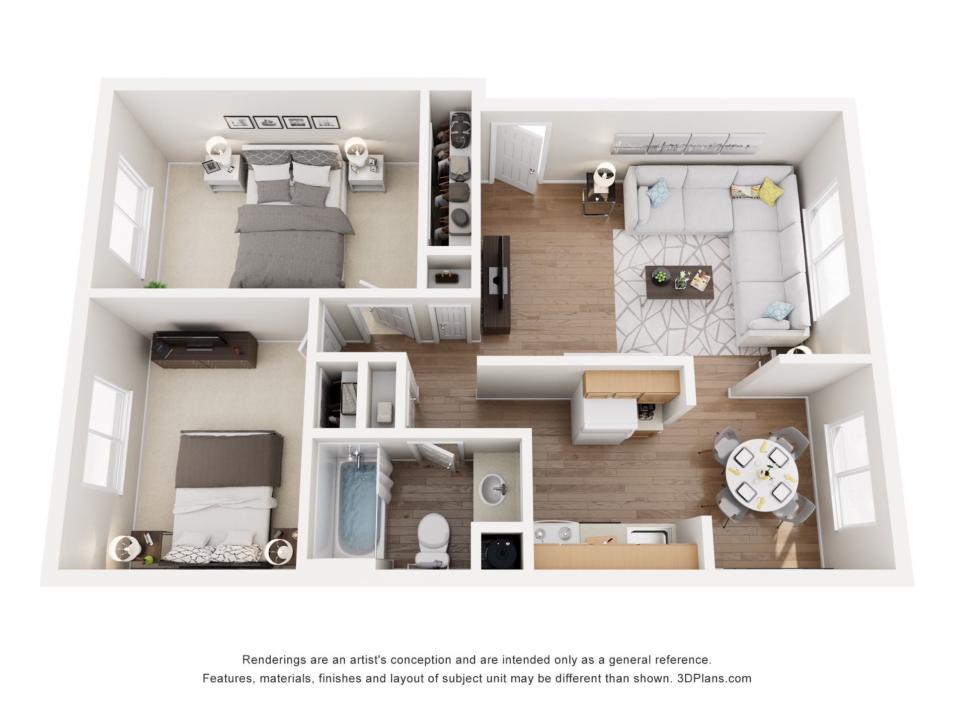 Floor plan for a 2-bedroom, 1-bath apartment, 768 sq ft, with room dimensions listed.