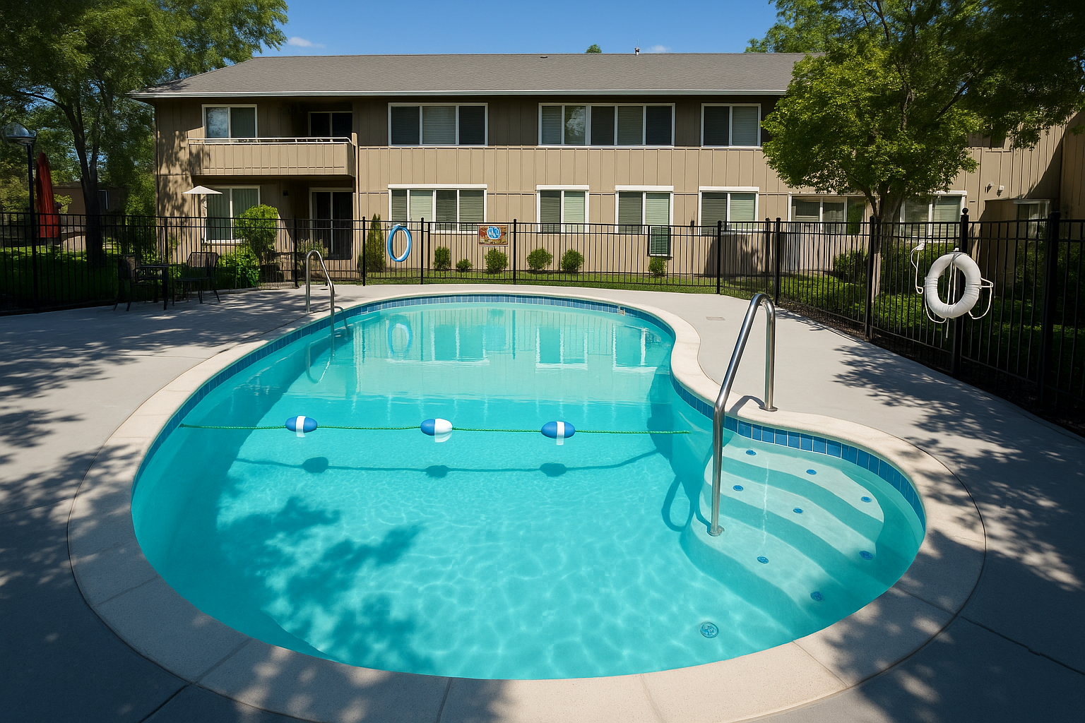 Swimming pool in front of a two-story apartment building; blue water, chain link fence.