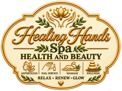 Healing Hands Spa logo with gold and green lotus and leaf design on a cream background