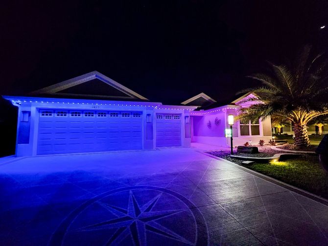 Blue-lit suburban house at night with a palm tree and driveway illuminated in purple light