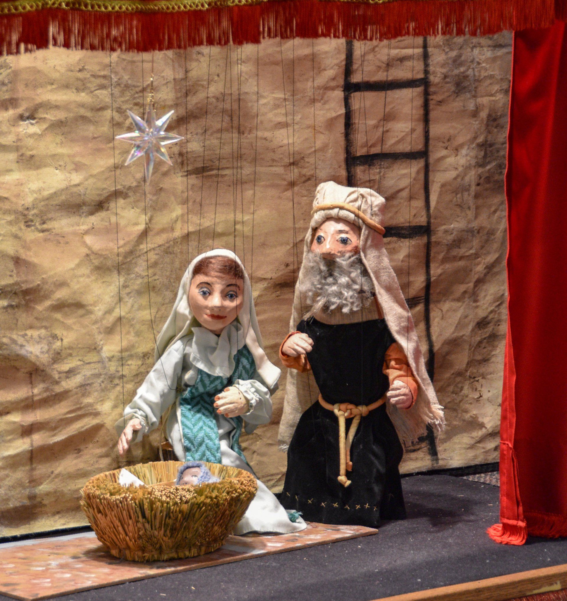 Marionette Mary and Joseph with the Baby Jesus in the manger
