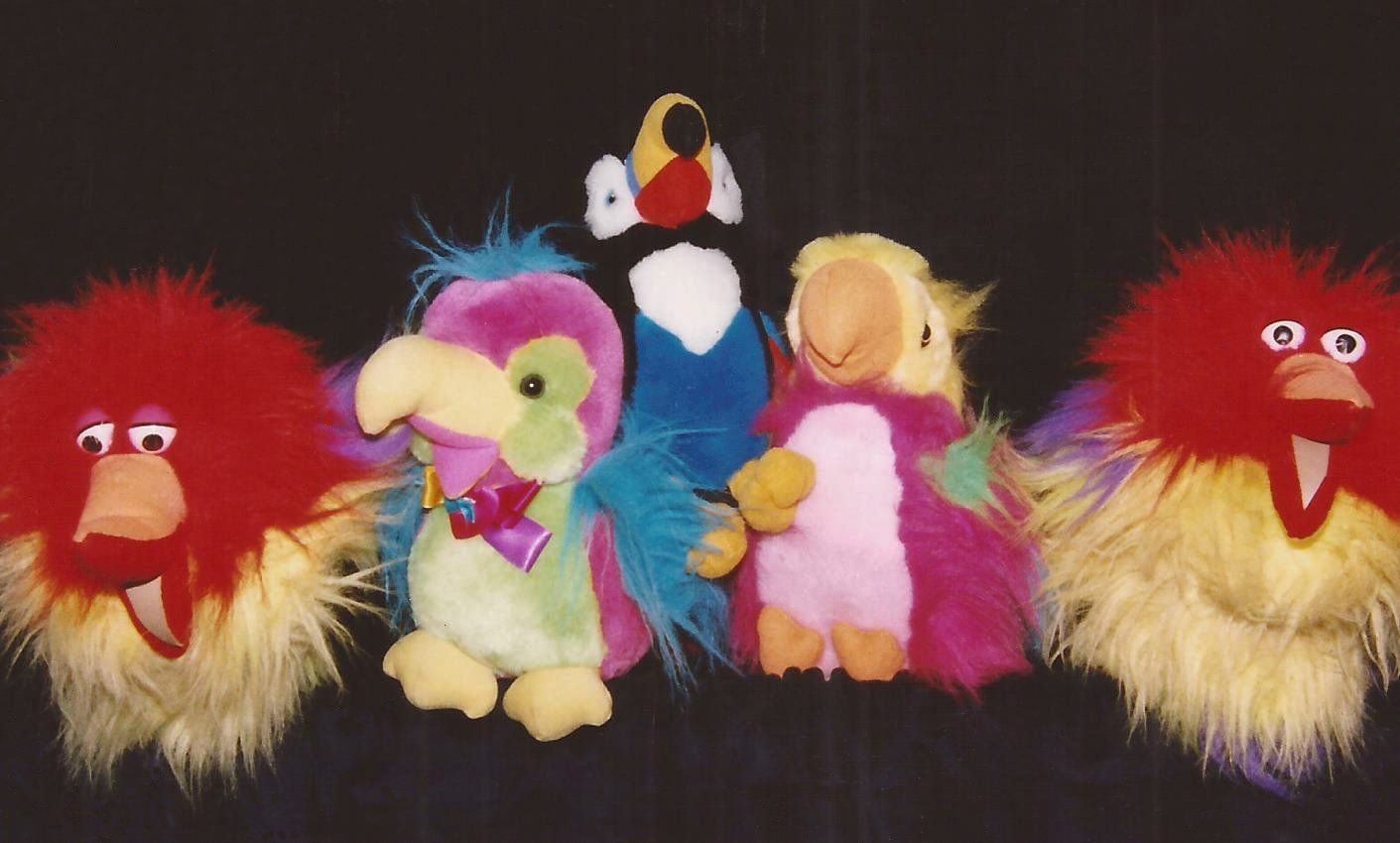 bird puppets mounted on sticks
