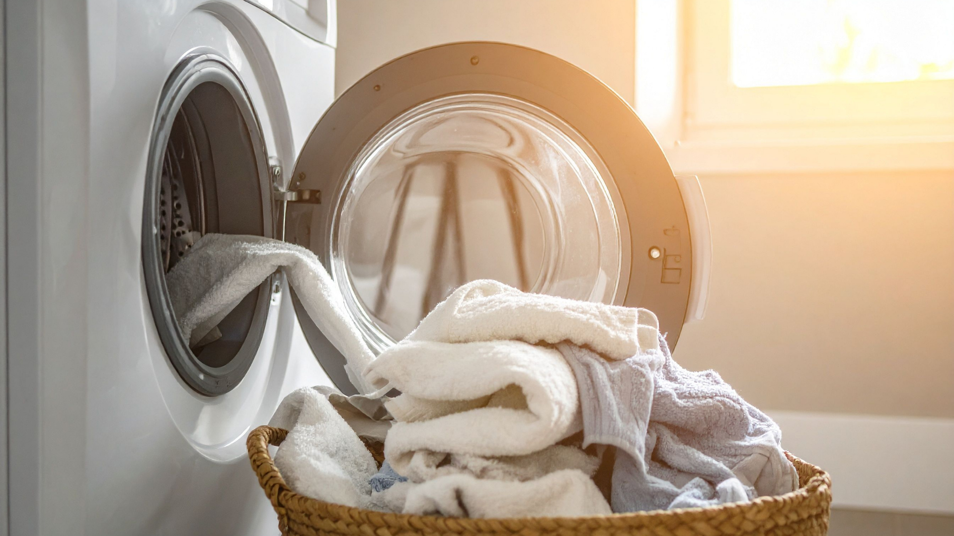 Person loading colorful laundry into a front-loading washing machine with the door open
