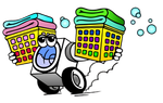 Cartoon washing machine holding two colorful laundry baskets while bouncing with soapy bubbles