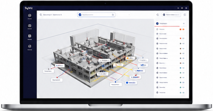 Écran d'ordinateur portable affichant un tableau de bord de surveillance d'usine en 3D avec les pièces de la machine étiquetées et un panneau de données sur la droite.