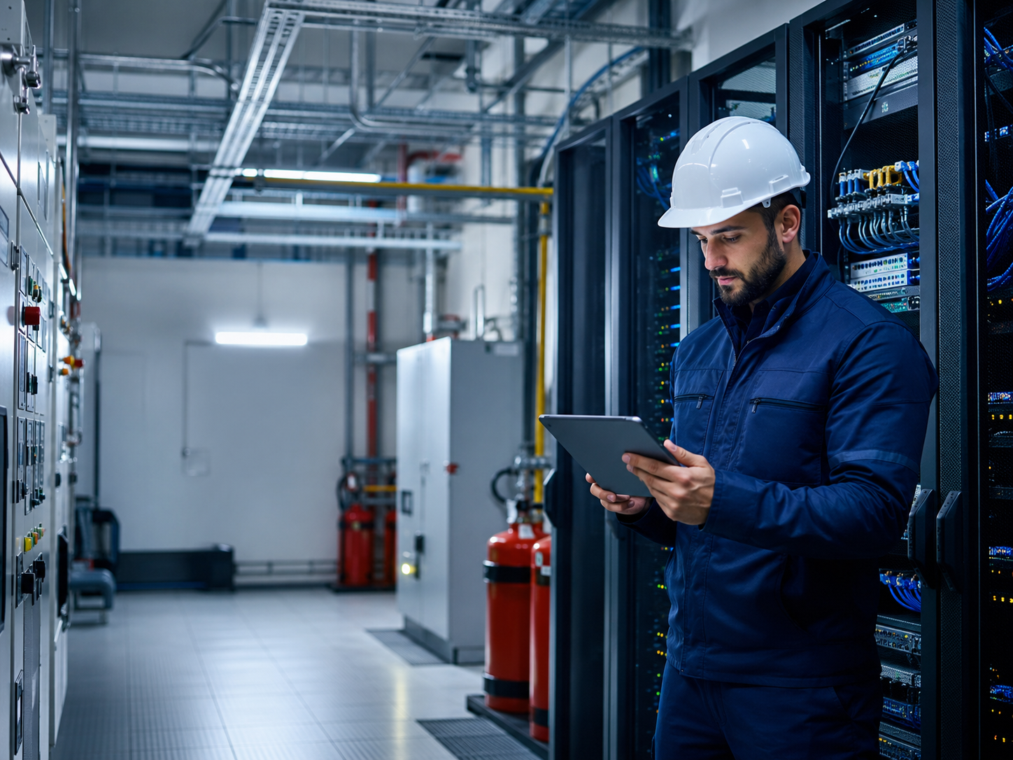 Technicien portant un casque de sécurité utilisant une tablette à côté de baies de serveurs dans une salle industrielle propre