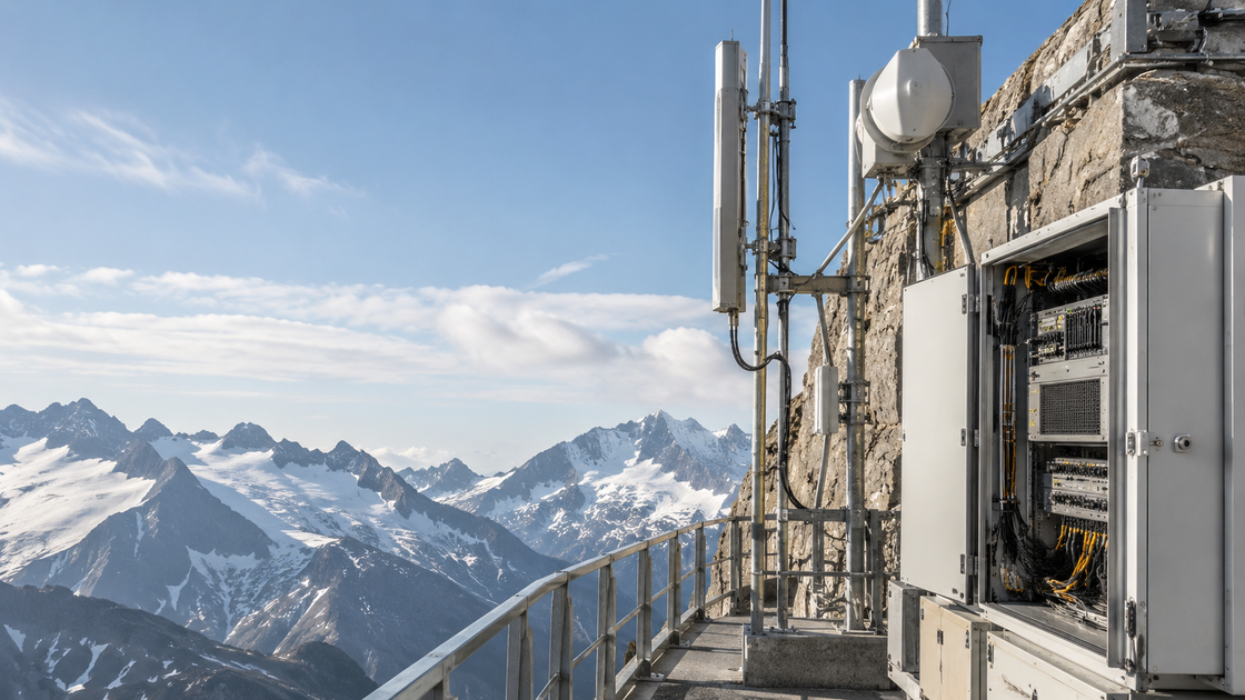 Vue sur les montagnes enneigées depuis un balcon sur le toit, à côté d'équipements industriels, sous un ciel bleu azur.